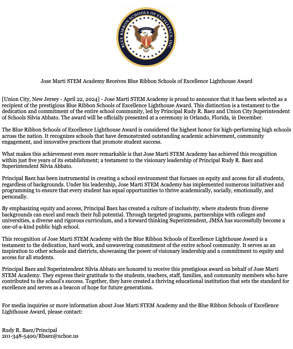 Blue Ribbon Schools of Excellence Award Letter